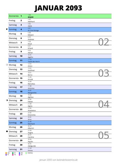 Kalender Januar 2093 im Hochformat mit Notizbereich