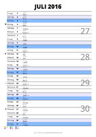 Kalender Juli 2016 im Hochformat mit Notizbereich
