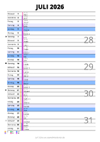 Kalender Juli 2026 im Hochformat mit Notizbereich
