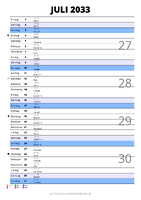 Kalender Juli 2033 im Hochformat mit Notizbereich