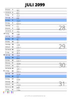 Kalender Juli 2099 im Hochformat mit Notizbereich