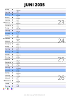 Kalender Juni 2035 im Hochformat mit Notizbereich