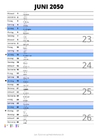 Kalender Juni 2050 im Hochformat mit Notizbereich