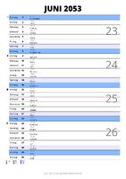 Kalender Juni 2053 im Hochformat mit Notizbereich