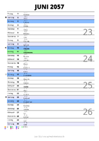 Kalender Juni 2057 im Hochformat mit Notizbereich