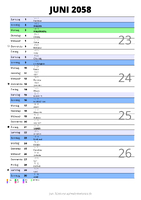 Kalender Juni 2058 im Hochformat mit Notizbereich