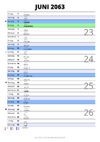 Kalender Juni 2063 im Hochformat mit Notizbereich
