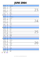 Kalender Juni 2064 im Hochformat mit Notizbereich