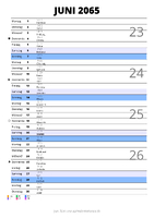 Kalender Juni 2065 im Hochformat mit Notizbereich