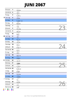 Kalender Juni 2067 im Hochformat mit Notizbereich