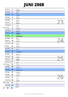 Kalender Juni 2068 im Hochformat mit Notizbereich