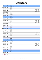 Kalender Juni 2070 im Hochformat mit Notizbereich