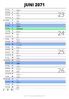 Kalender Juni 2071 im Hochformat mit Notizbereich