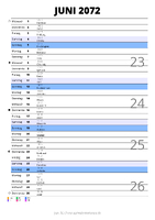 Kalender Juni 2072 im Hochformat mit Notizbereich
