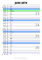 Kalender Juni 2074 im Hochformat mit Notizbereich