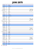 Kalender Juni 2075 im Hochformat mit Notizbereich