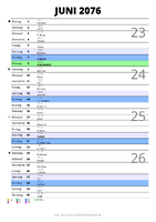 Kalender Juni 2076 im Hochformat mit Notizbereich