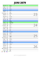 Kalender Juni 2079 im Hochformat mit Notizbereich
