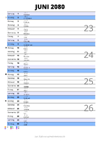 Kalender Juni 2080 im Hochformat mit Notizbereich
