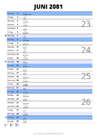 Kalender Juni 2081 im Hochformat mit Notizbereich
