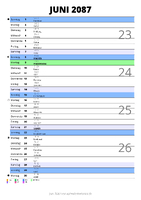 Kalender Juni 2087 im Hochformat mit Notizbereich
