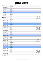 Kalender Juni 2089 im Hochformat mit Notizbereich