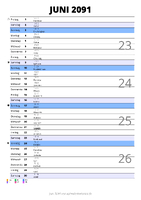 Kalender Juni 2091 im Hochformat mit Notizbereich