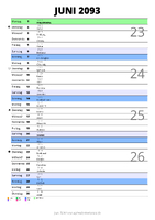 Kalender Juni 2093 im Hochformat mit Notizbereich