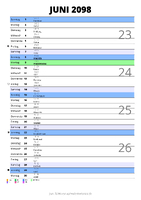 Kalender Juni 2098 im Hochformat mit Notizbereich