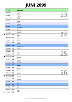 Kalender Juni 2099 im Hochformat mit Notizbereich