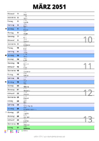 Kalender März 2051 im Hochformat mit Notizbereich