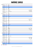 Kalender März 2052 im Hochformat mit Notizbereich