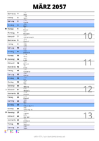 Kalender März 2057 im Hochformat mit Notizbereich