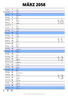 Kalender März 2058 im Hochformat mit Notizbereich