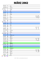 Kalender März 2062 im Hochformat mit Notizbereich