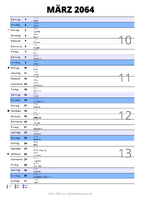 Kalender März 2064 im Hochformat mit Notizbereich