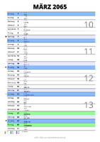 Kalender März 2065 im Hochformat mit Notizbereich