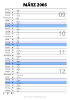 Kalender März 2066 im Hochformat mit Notizbereich