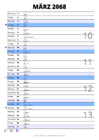 Kalender März 2068 im Hochformat mit Notizbereich