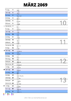 Kalender März 2069 im Hochformat mit Notizbereich