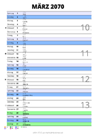 Kalender März 2070 im Hochformat mit Notizbereich