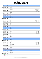 Kalender März 2071 im Hochformat mit Notizbereich