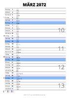 Kalender März 2072 im Hochformat mit Notizbereich