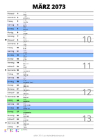 Kalender März 2073 im Hochformat mit Notizbereich