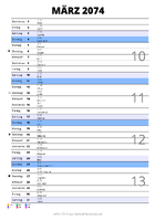 Kalender März 2074 im Hochformat mit Notizbereich