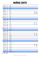 Kalender März 2075 im Hochformat mit Notizbereich