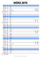 Kalender März 2076 im Hochformat mit Notizbereich