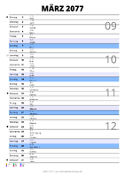 Kalender März 2077 im Hochformat mit Notizbereich