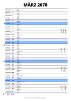 Kalender März 2078 im Hochformat mit Notizbereich