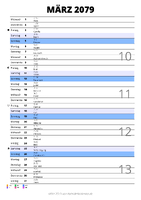 Kalender März 2079 im Hochformat mit Notizbereich
